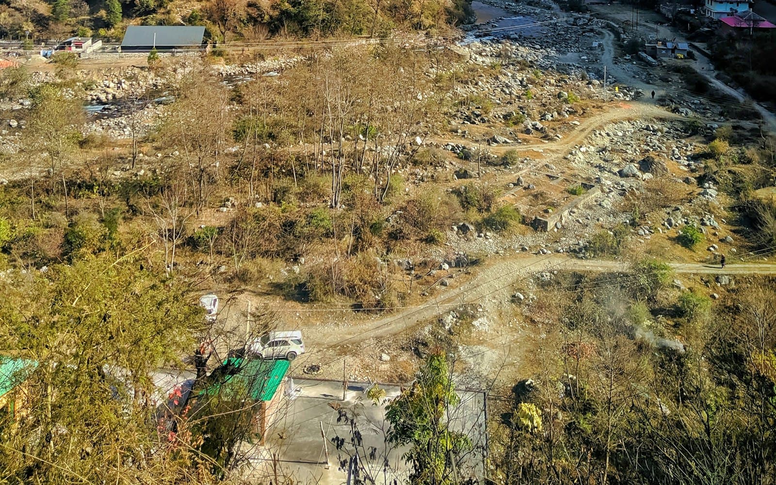 The open Lamadugh meadow rimmed by deodar forest, with snow ridges of the Dhauladhar rising behind, above Old Manali