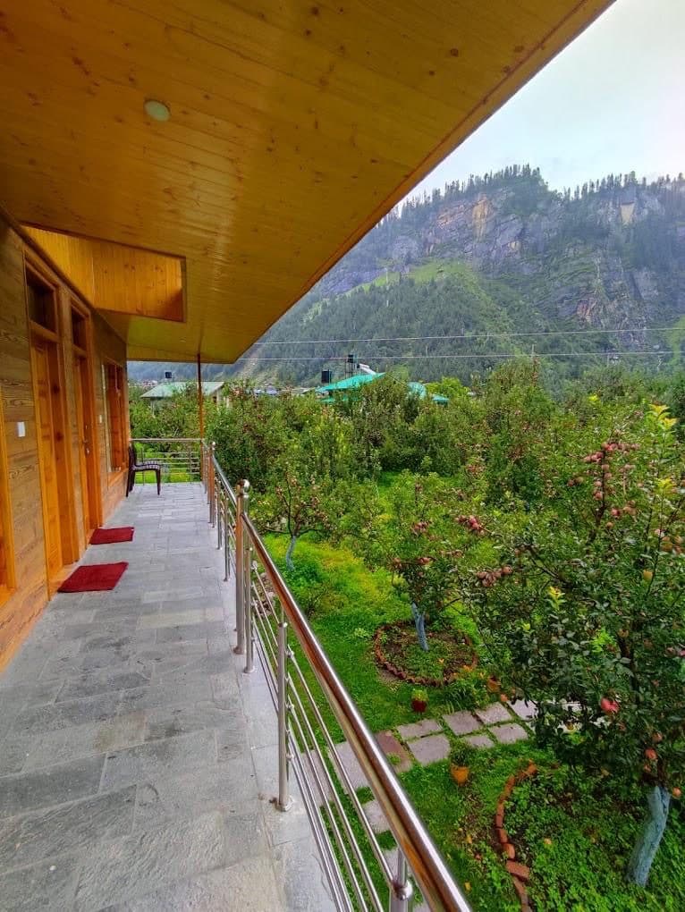 The view over the orchard to the mountain cliffs